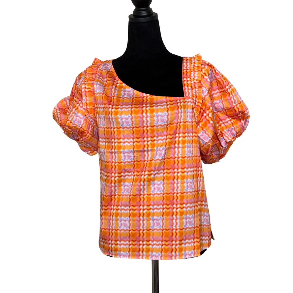 Alden Adair Layla Top Retro Plaid Orange Pink Puff Sleeve Asymmetric Neck L NEW